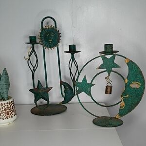 Sun and Moon Metal Candle Holders - Green and Gold